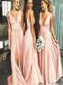 Deep V Neck Sleeveless Blush Pink Long Bridesmaid Dresses LBQB0040